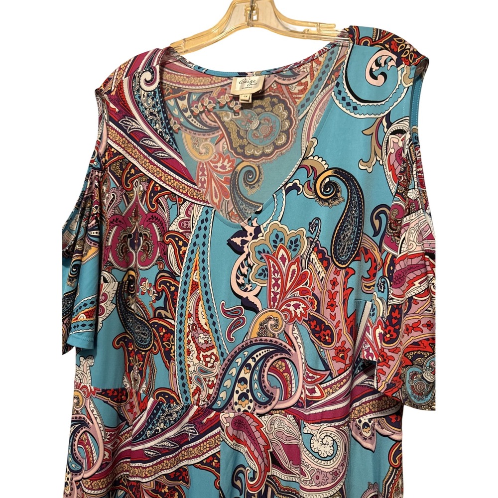 Beige by ECI Woman Plus Size 2X Paisley Cold Shoulder Handkerchief Hem Dress